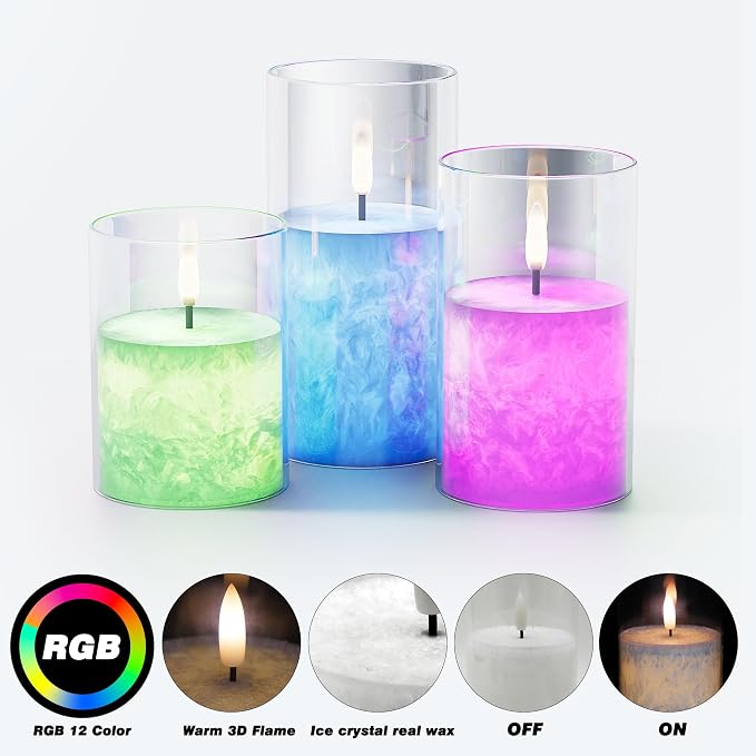 VIODAIM 12Colors Ice Crystal Real Wax Glass Flameless Candles with Remote & Timer, Battery Operated Candles with Warm Flickering Flame, Realistic LED Candle for Wedding Home Decor [D3×H4/5"/6"] 3Pack