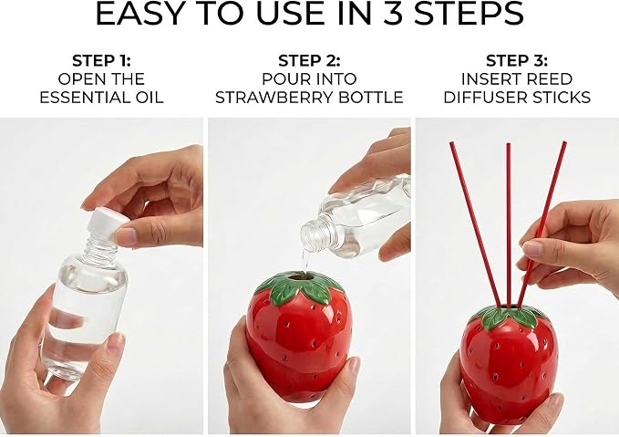 Strawberry Scented Reed Diffuser Set – 6.76 fl oz (200ml) with Sticks, Creative Strawberry-Shaped Ceramic Design for Home, Bedroom & Bathroom Decor, Long Lasting Aromatherapy Gift