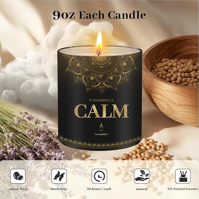 WarmEmbrace Lavender Scented Candles, 9 Oz Jar Candles for Home, Office, Meditation, Yoga, Candles for Women & Men, Father's Day, Birthday, Christmas, Mother's Day Present, Housewarming Gift