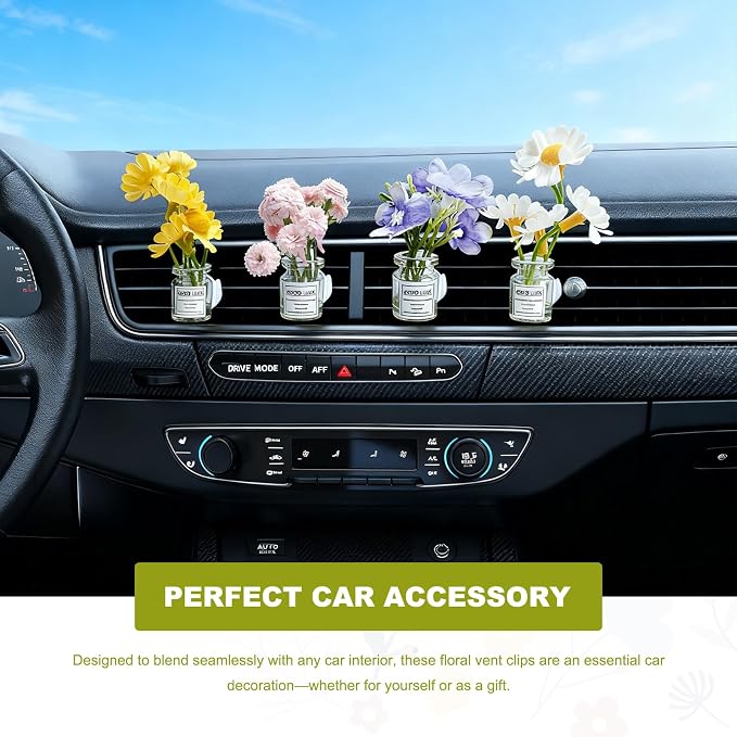 4 PCS Artificial Flowers Car Vent Clips, Cute Flower Bouquet in Glass Vase Air Vent Clip with Fragrance Pads, Mini Daisy Plants Vase Air Conditioning Outlet Clip for Women Girls