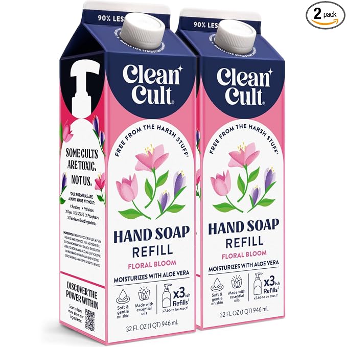 Cleancult Liquid Hand Soap Refill - Floral Bloom- Moisturizes Dry & Sensitive Skin - Made with Aloe Vera & Essential Oils - Eco Friendly - Paper-Based Packaging - 32 oz/2 Pack