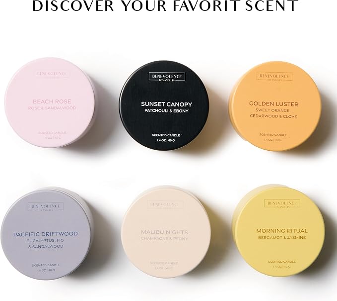 Benevolence LA Candle Gift Set – 6 Soy Scented Candles (1.4 oz) | Aromatherapy Candles with Orange, Eucalyptus, Rose & Jasmine | Gift Set Ideas for Women & Men | Ready for Gifting