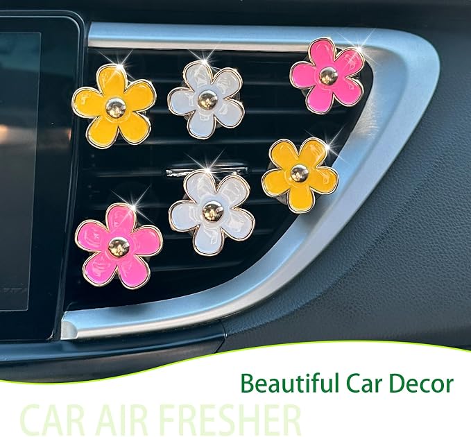 ORIESSE 6pcs Flowers Car Air Freshener Vent Clips,Pink Yellow White Daisy Flowers Air Vent Clip Car Accessories for Women,3.3cm/3cm Flower Girly Vehicle Decor Refillable Outlet Diffuser
