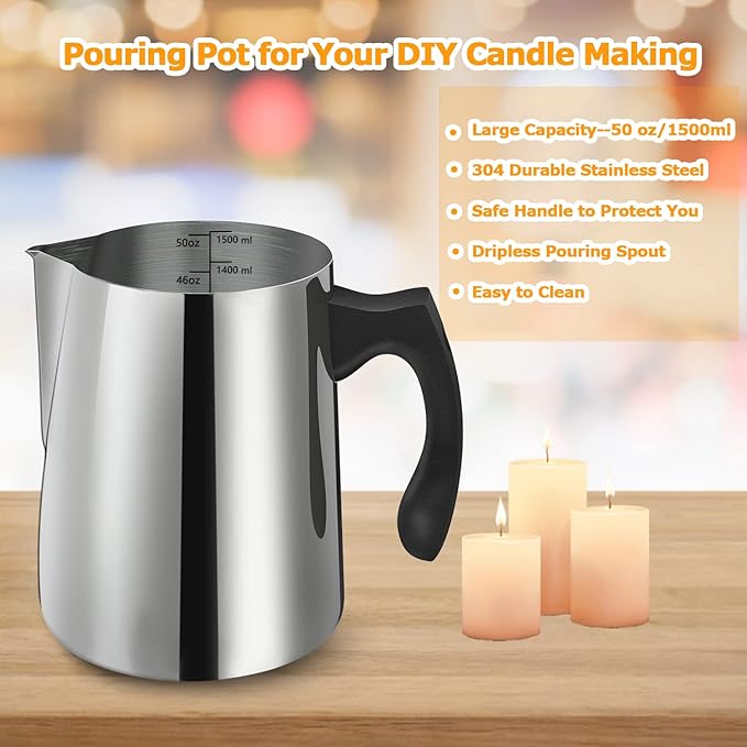 BBAXI Candle Making Pouring Pot, 1500 ML/50 OZ Candle Pouring Pitcher, 304 Stainless Steel Candle Making Pitcher with Heat-Resistant Handle and Dripless Pouring Spout Design