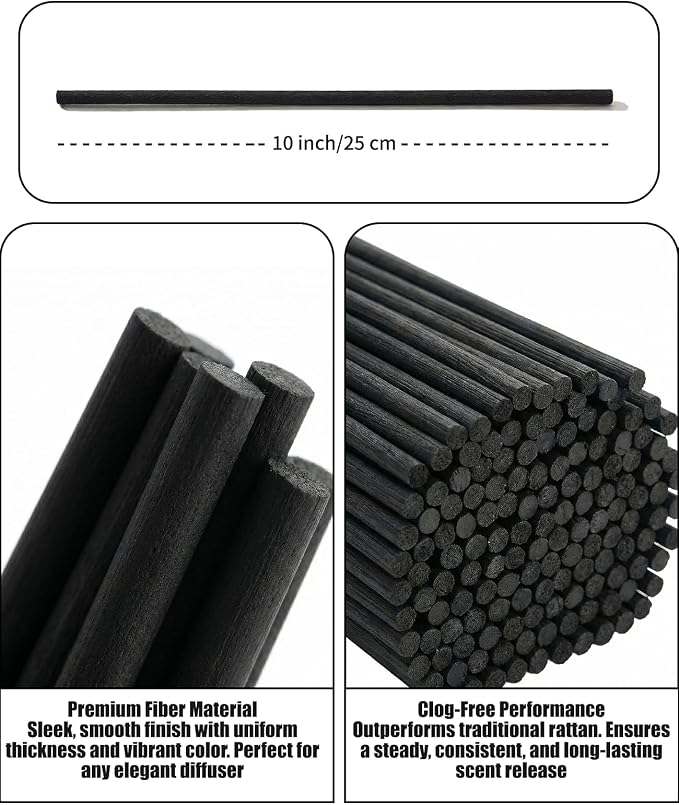 250 Pcs Reed Diffuser Sticks, 10 Inch Black Fibre Diffuser Reeds (3mm), Essential Oil Diffuser Refill Sticks for Home Office Spa & Fragrance