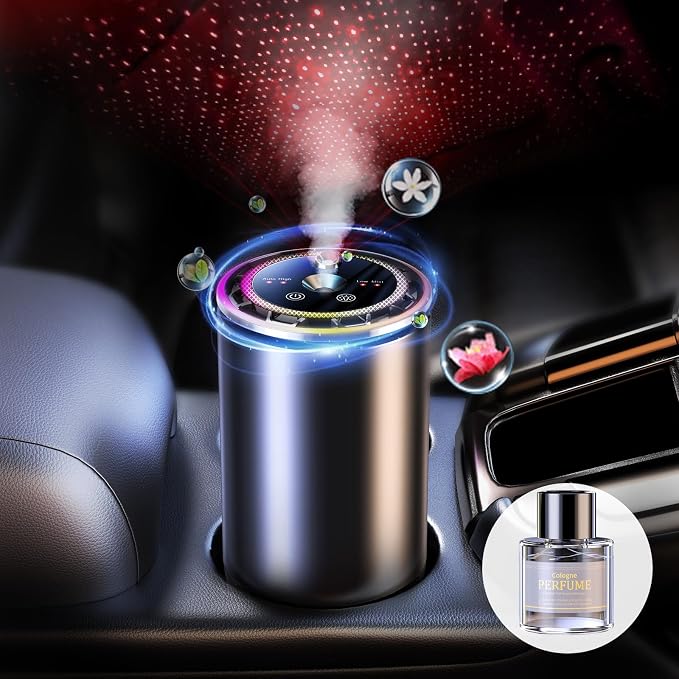 Smart Car Air Fresheners Diffuser with Starry Sky Projection Adjustable Scent, Essential Oil Diffusers for Automatic On/Off Automatic Aroma Diffuser with 50ml Car Perfume- Cologne