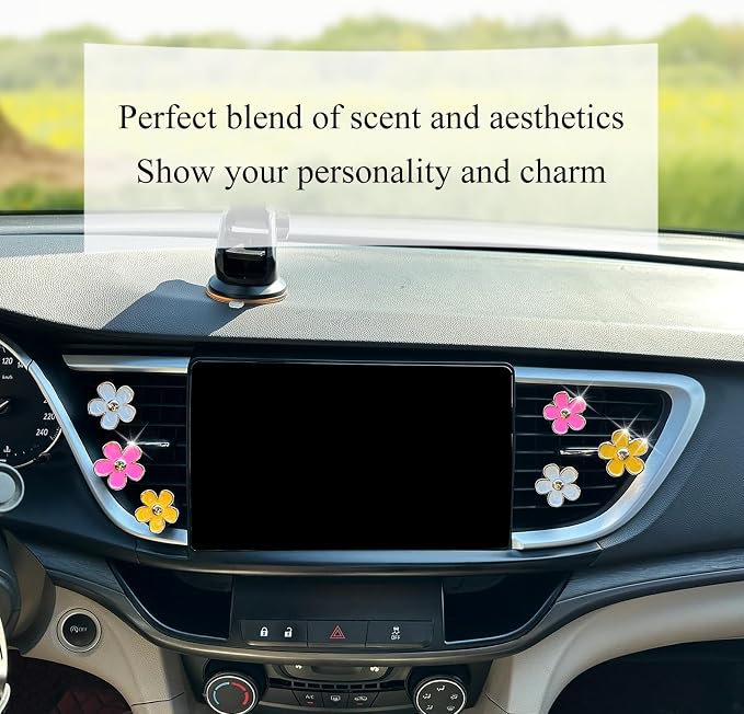ORIESSE 6pcs Flowers Car Air Freshener Vent Clips,Pink Yellow White Daisy Flowers Air Vent Clip Car Accessories for Women,3.3cm/3cm Flower Girly Vehicle Decor Refillable Outlet Diffuser