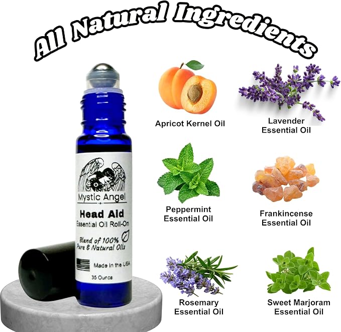 Mystic Angel Head Aid Essential Oil Roll-On - Therapeutic Blend of Pure Essential Oils for Headaches & Stress Relief, Aromatherapy for Body & Soul, Safe for All Skin Types, Made in the USA, .35 Oz.