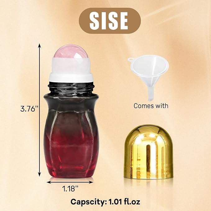 Rose Quartz Roller Waisted Bottles for Essential Oils,30ml Refillable Amber Glass Roll On Bottles with Natural Crystal Roller Balls, Leak-Proof Travel Perfume Bottle with Gold Caps