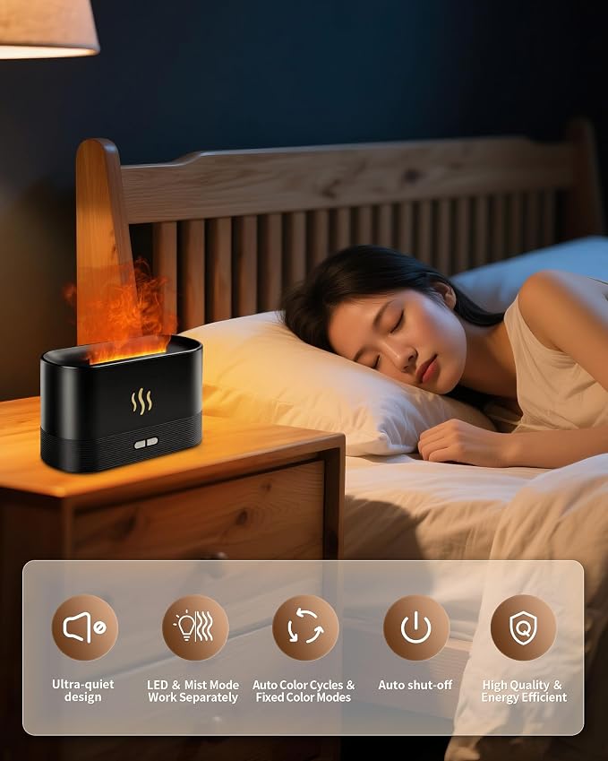 Flame Effect Essential Oil Diffuser, Ultrasonic Aromatherapy Humidifier, Upgraded 7 Color Changing Lights with Ultra Quiet, Auto Shut-Off for Bedroom Home Office Yoga & Gift (180mL, Black)
