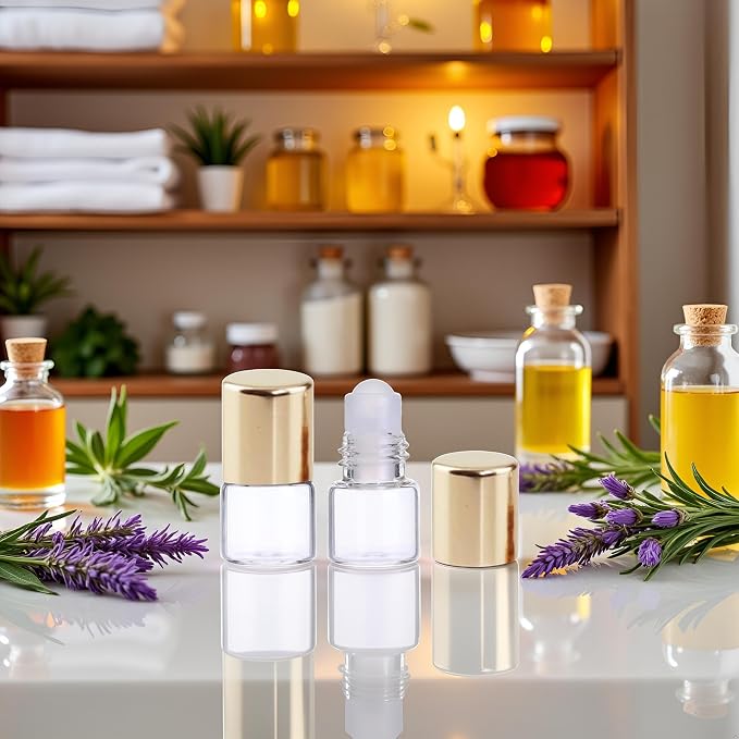 12Pcs Gold 1ml Glass Roller Bottles - Refillable Essential Oil Roll-On for Aromatherapy | Mini Travel-Size Sample Vials with Roller Balls,Aromatherapy Supplies, Essential Oil Accessories