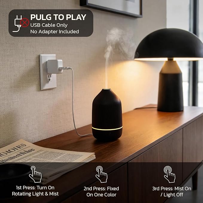 Essential Oil Diffuser, 100ml Aromatherapy Diffuser, Mini Ultrasonic Diffuser for Essential Oil, Home, Office, Cool Mist Humidifier with 7 Led Light, Auto Shut-Off, Black