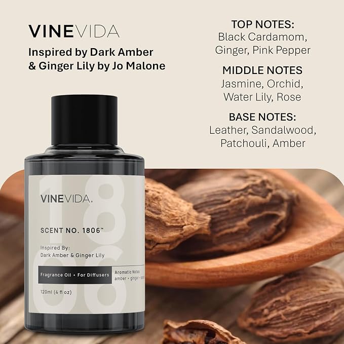 VINEVIDA [4 Oz] Inspired by: Dark Amber & Ginger Lily; Diffuser Oil Refill | Premium Scent Diffuser Oil for Home | Non-Toxic Fragrance