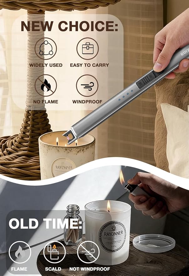 Electric Candle Lighter USB Rechargeable Plasma Arc Windproof Flameless with Safety Lock Ideal for Candle BBQ Camping Birthday Housewarming Gifts for Women & Men (Grey, 1 Count)