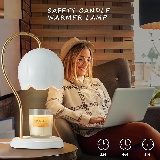 White Gold Flower Candle Warmer Lamp with Timer Dimmable, Office Decor Elegant Bedroom Scented Wax Light, Valentine's Birthday Gifts for Women Man, Large Table Candles Burner