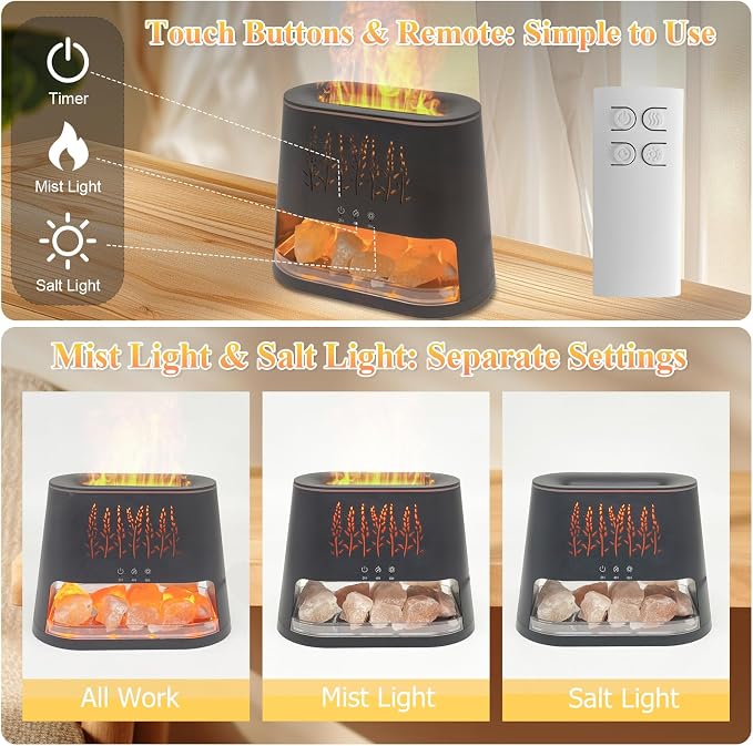 Fireplace Flame Diffuser & Himalayan Salt Lamp, 8 Colors Aromatherapy Diffuser Cool Mist Humidifier with Timer Auto Off Function for Home, Bedroom, Offie,Yoga