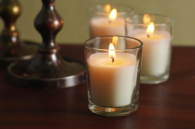 Hosley Set of 12 Ivory Unscented Votive Candles 12 Hour Burn Time Hand-Poured Wax in Clear Glass Holders Long-Lasting, Smokeless Candles for Weddings, Home Décor, Spa & Events.