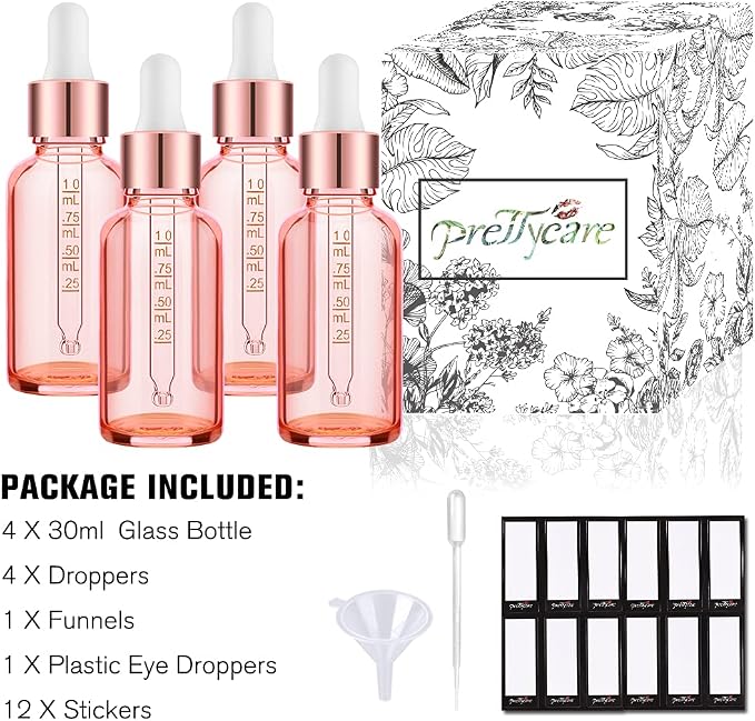PrettyCare 4 Pack 1oz Dropper Bottles for Essential Oils with Labels, Funnel & Measured Pipettes, 30 ml Leak Proof Rose Glass Essential Oils Bottles- Empty Tincture Bottles for Personal Care & Beauty