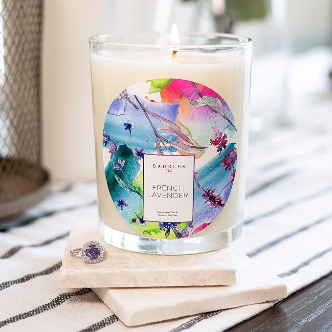 Baubles French Lavender Scented Premium Candle and Jewelry with Surprise Ring Inside | 18 oz Large Candle | Made in USA | Parrafin Free | Size 10