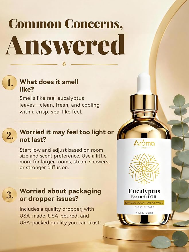 Eucalyptus Essential Oil 4 Fl Oz - Made in USA | Clean, Crisp Eucalyptus Fresh · Invigorating · Spa-Like