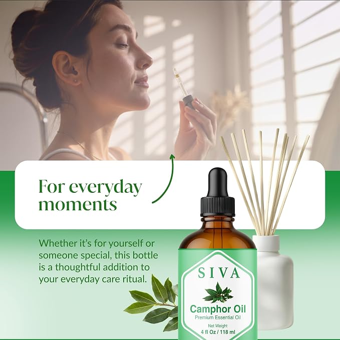 Siva Camphor Essential Oil 4 Fl Oz – for Diffuser, Skin & Hair Care – Ideal for Aromatherapy, Massage & DIY Blends- with Dropper