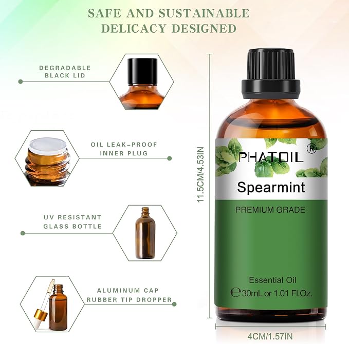 Spearmint 1.01fl.oz Essential Oil, PHATOIL Pure Aromatherapy Oils for Diffuser, Humidifier, Perfect for DIY Soap, Candle, Bath Bombs Making(30ml)