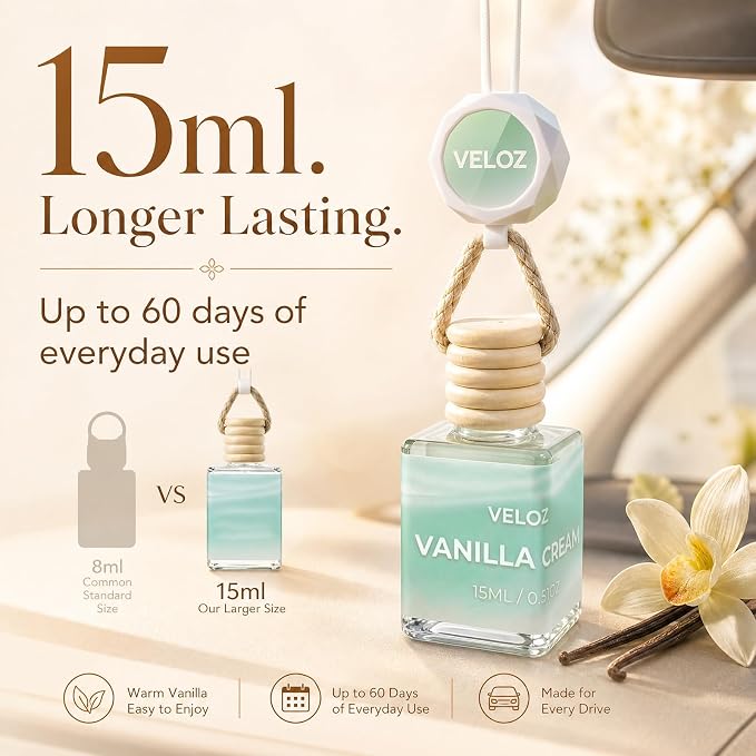 Vanilla Mist Hanging Car Air Freshener Diffuser, 15ml Reed Wick Essential Oil Bottle with Adjustable Rearview Mirror Clip, Long-Lasting Car Scent for Cars SUVs Trucks