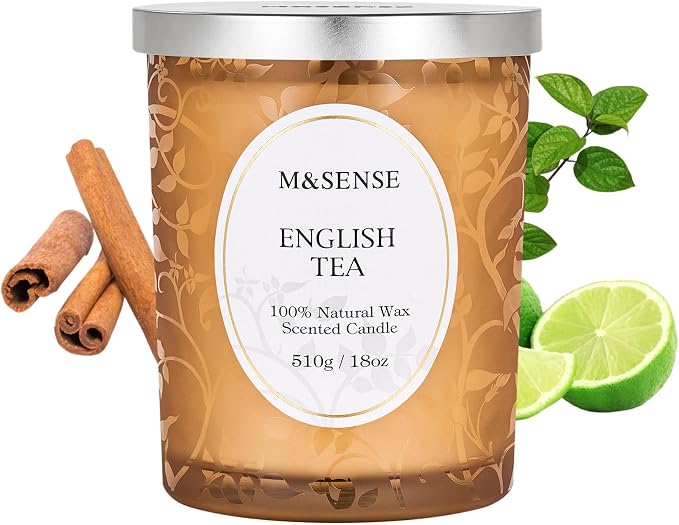 M&SENSE English Tea Soy Candle, Cracking Wooden Wick 18oz | 100 Hours Long Lasting, Clean Burn, Summer Aromatherapy, Non-Toxic, Relaxing Gifts For Women