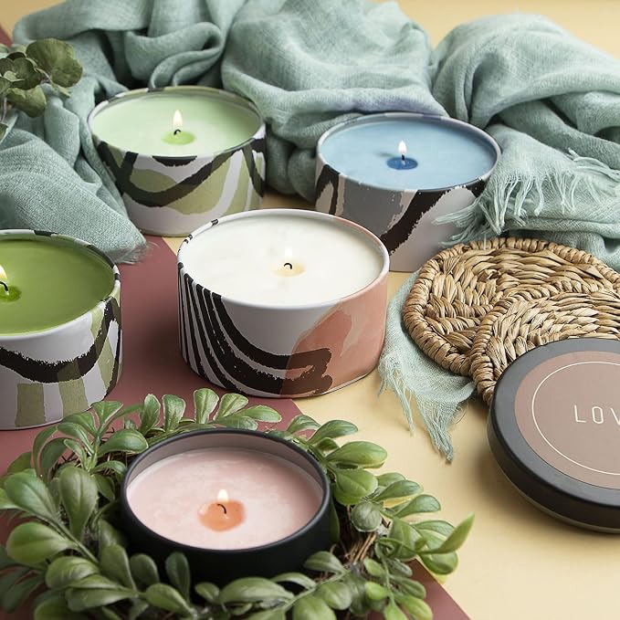 Hearth & Harbor Tin Candle Jars for Making Candles - DIY Candle Containers with Lids - Metal Candle Jars - Bulk Tins Storage for Candle - (12 Pieces) - (8 Ounces) - Painted Illustration