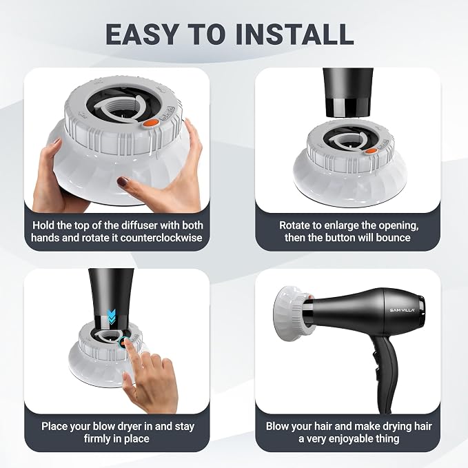 Universal Hair Diffuser for Blow Dryer - Fits All 1.4-2.4 inch Dryers, Professional Ionic Diffuser Attachment for Curly/Wavy Hair, Reduces Frizz & Enhance Curls, Lightweight, Travel-Friendly (White)