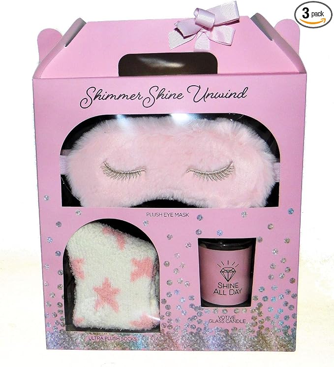 Shimmer Shine Unwind Relaxation Spa Bath Gift Set with Pink Plush Eye Mask, Plush Socks and Lavender Votive Candle