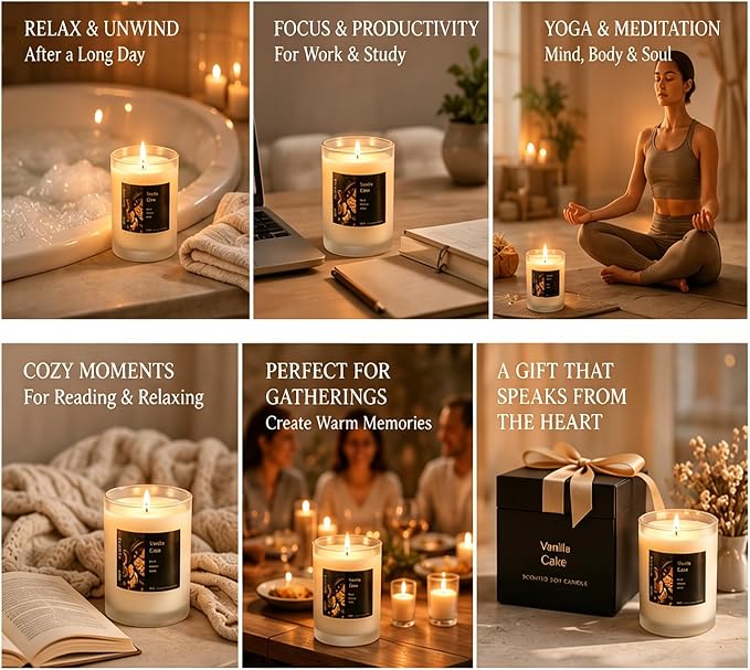 Natural Soy Wax Vanilla Cake Candle, 50 Hour Clean Burning Gourmand Aromatherapy Candle for Relaxation, Home, Spa, Yoga, Bedroom & Holiday Gifts Sweet Gourmand Aromatherapy Candle