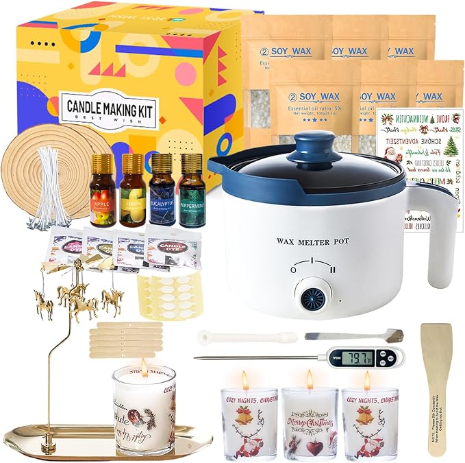 Candle Making Kit with Spinning Holder and Candle Tattoos Stickers, DIY Scented Candle Maker Set for Adult Glass Jars with Electric Wax Melter Pot, Essential Oil