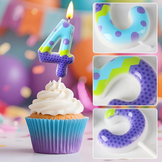 Number 4 Birthday Candle for Cake – Colorful Polka Dot & Patchwork Design – Fun Cake Topper Decoration for Birthday Celebration