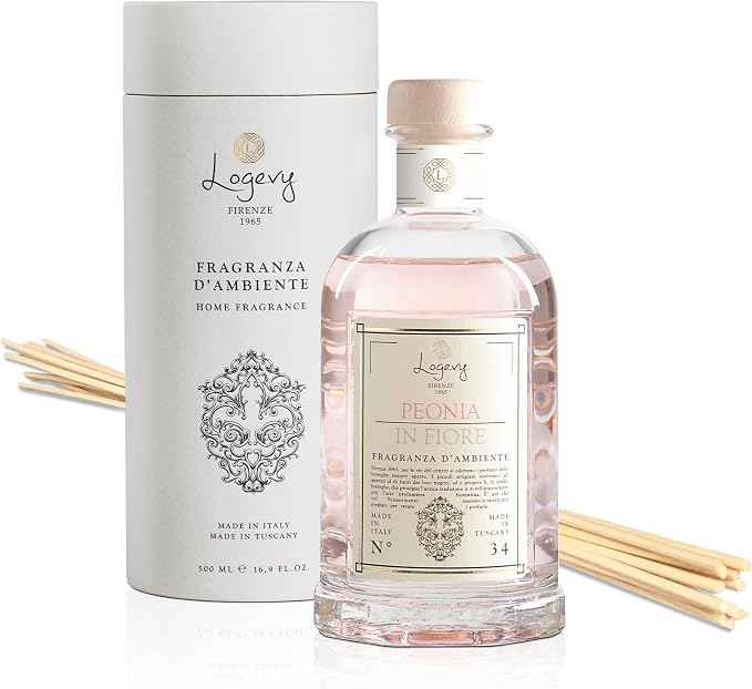 Logevy Firenze 1965 Peonia in Fiore – Peony in Bloom Luxury Home Fragrance Diffuser from Master Perfumer in Italy with Sweet Floral Notes in Elegant Glass Bottle with 12 Natural Bamboo Reeds – 500ml