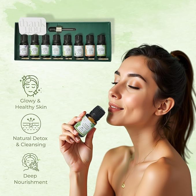 My Ace Essential Oils Aromatherapy Set of 8x0.33 Oz for Diffuser, Massage, Skin, Hair, Candle & Soap Making, Home - Peppermint, Lavender, Eucalyptus, Tea Tree, Rosemary, Camphor, Lemongrass, Orange