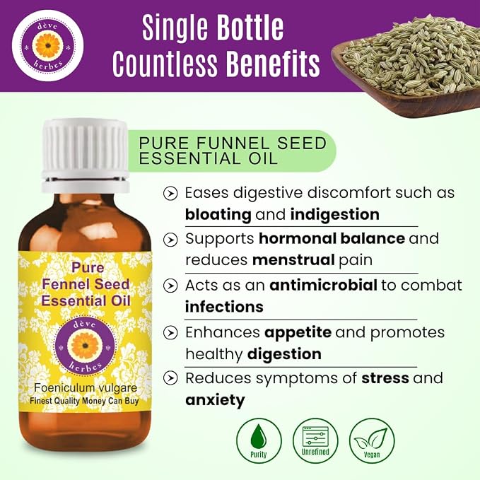 Deve Herbes Pure Fennel Seed Essential Oil (Foeniculum vulgare) Steam Distilled 5ml (0.16 oz)