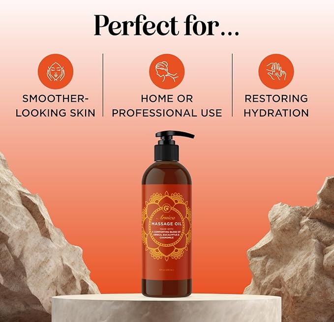 Arnica Massage Oil for Muscle Relaxing - Comforting Sore Muscle Massage Oil for Full Body Relief with Soothing Chamomile Lavender Peppermint & Rosemary Essential Oils - Vegan & Non GMO (8 Fl Oz)