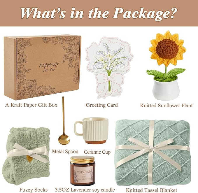 Birthday Gifts for Women, Sending Sunshine Sunflower, Self Care Set Get Well Soon Gift Baskets, Sending Hug Baskets Package, Thinking of You Gift for Mom Friend Wife Sister Girlfriend Grandma, Green