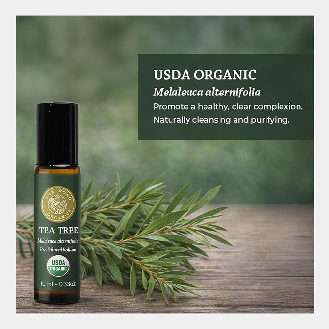 Silk Road Organic Tea Tree Essential Oil Roll On for Healthy Clear Skin, Nail Care & Foot Care - 100% Pure USDA Certified 10 ml Roller
