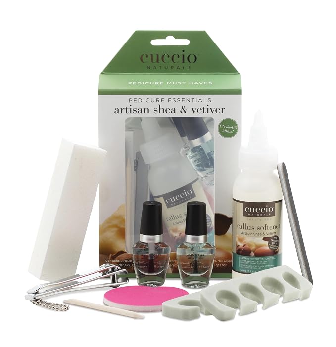 Cuccio Naturale Pedicure Essentials Starter Set, Artisan Shea & Vetiver, 8-Piece At-Home Pedicure Kit with Callus Softener 2 oz, Base & Top Coat, Heel Buffer & Nail Tools
