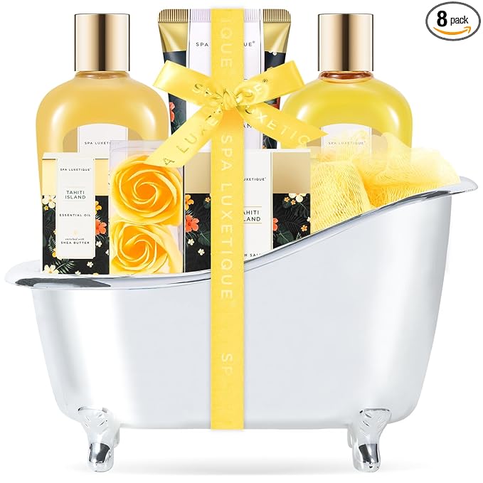 Spa Luxetique Spa Gift Baskets for Women - 8pcs Yellow Gifts for Women, Womens Self Care Kit Includes Body Lotion, Bubble Bath, Bath Sets, Mothers Day Gifts for Mom