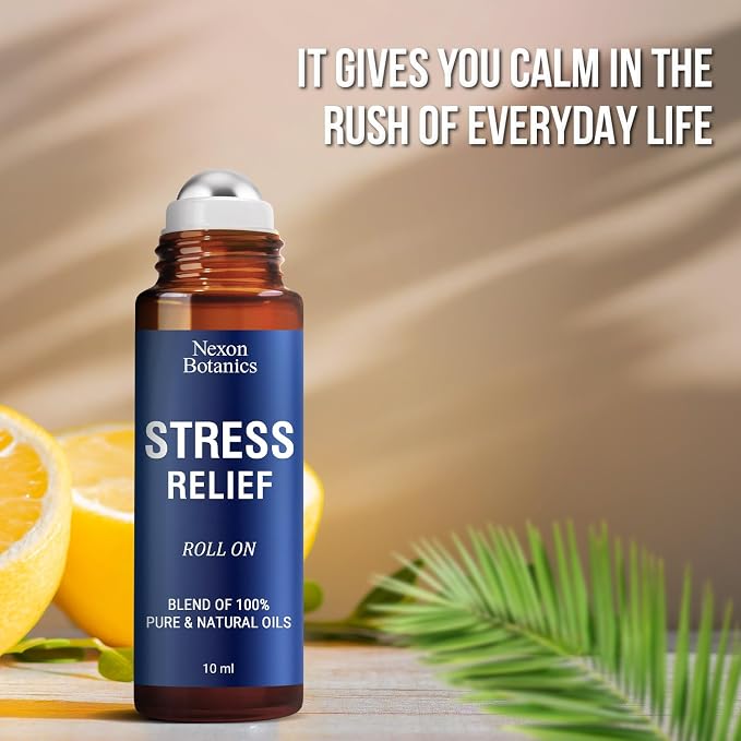 Stress Relief Essential Oil Roll-On 10 ml - Natural Stress Relief Blend with Lavender, Geranium & Frankincense Oils - Prediluted Roller for Calming Aromatherapy - Nexon Botanics