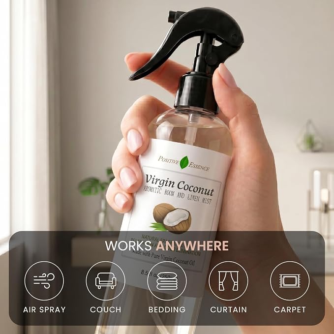 Virgin Coconut Linen and Room Spray, Natural Aromatic Mist Made with Pure Virgin Coconut Oil, Relax Your Body & Mind, Perfect as a Bathroom Air Freshener Odor Eliminator