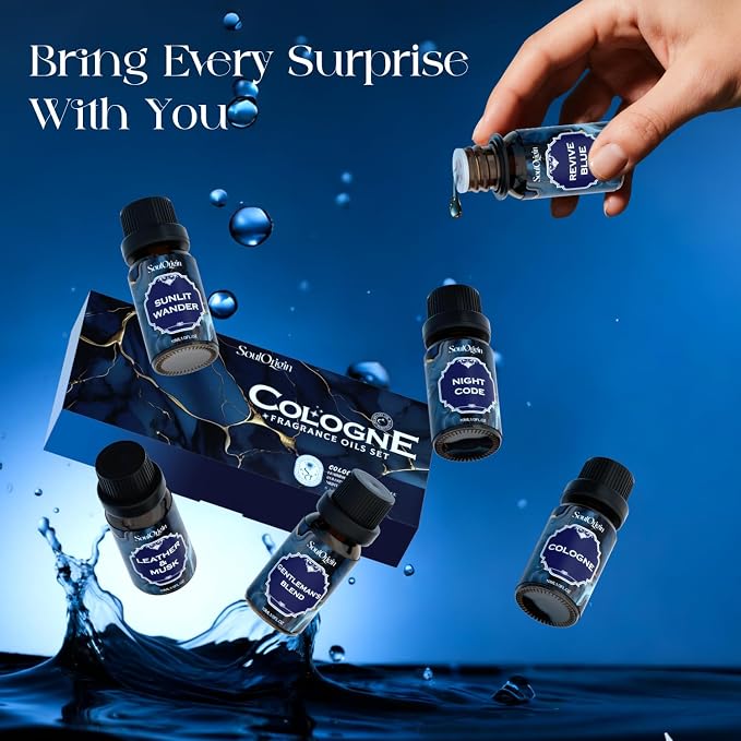 Soulorigin Cologne Fragrance Oils Set, Essential Oil for Diffuser, Men Scent Diffuser Oil, Use for Soap Candle Making, Cologne, Leather&Musk, Revive Blue, Sunlit Wander, Gentleman's Blend, Night Code
