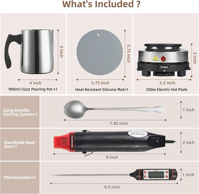 handysienda Candle Making Kit with Hot Plate for Adults, Soy Candle Make Set with Wax Melter for Beginners, Heat Gun, 900ml Pouring Pot Pitcher, Thermometer, Candle Making Supplies Accessories
