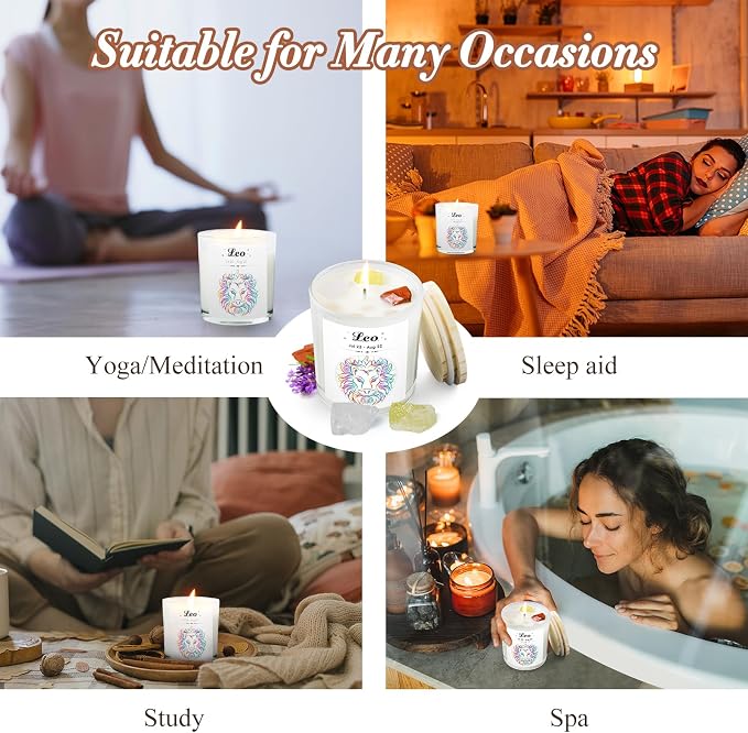 Leo Gifts for Women, Zodiac Leo Candle with Healing Crystals, Astrology Birthday Gifts for Womenr, Mom, Sister, Friends, Meditation, Yoga, Relaxation (7oz)