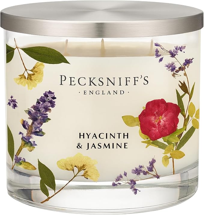 Pecksniff’s 3 Wick Candle – Jasmine & Hyacinth, 550 g / 19.4 oz – Long Lasting Burn, Elegant Home Decor & Relaxing Ambiance