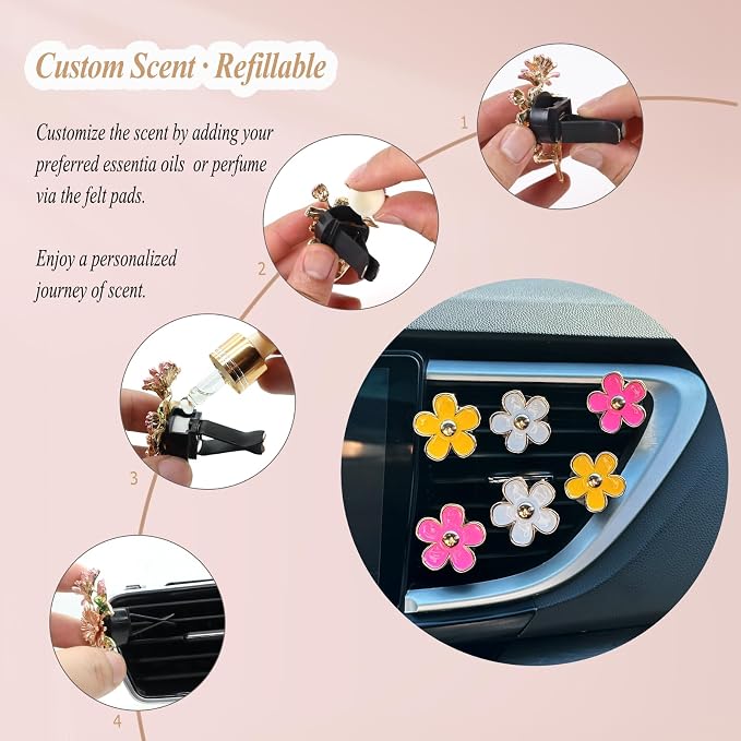 ORIESSE 6pcs Flowers Car Air Freshener Vent Clips,Pink Yellow White Daisy Flowers Air Vent Clip Car Accessories for Women,3.3cm/3cm Flower Girly Vehicle Decor Refillable Outlet Diffuser