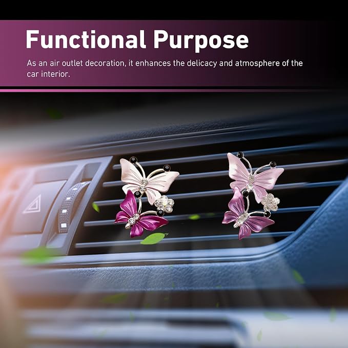 4 PCS Dual Butterfly Car Air Vent Clips, Car Air Vent Shimmering Rhinestone Butterfly Decoration Clips, Smell Diffuser for Horizontal Vertical AC Export, for Most Vehicles (Pink & Purple)